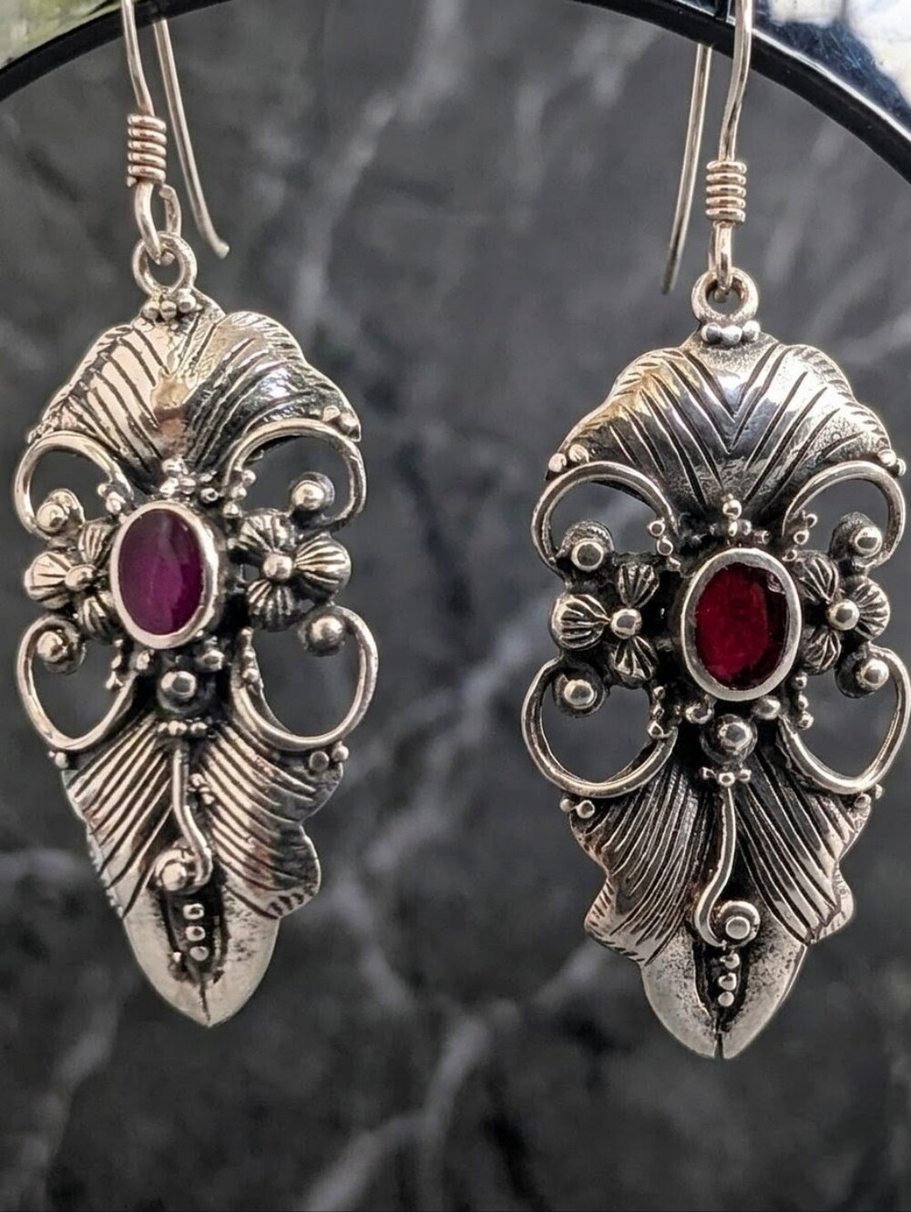 Vintage 925 Silver Garnet Drop Earrings Victorian Revival Floral Leaf C-Scroll